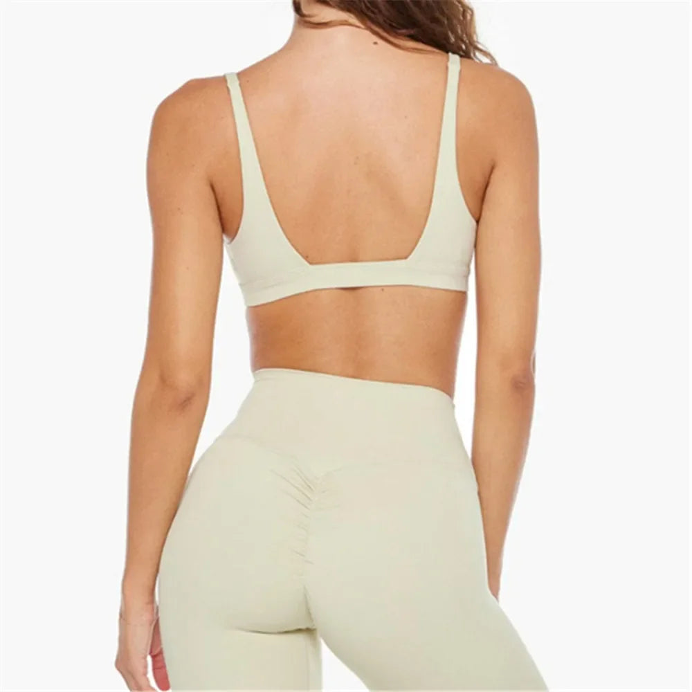 Xooie Fit Women's Back View of Beige Bra and Leggings Set for Comfortable Workouts