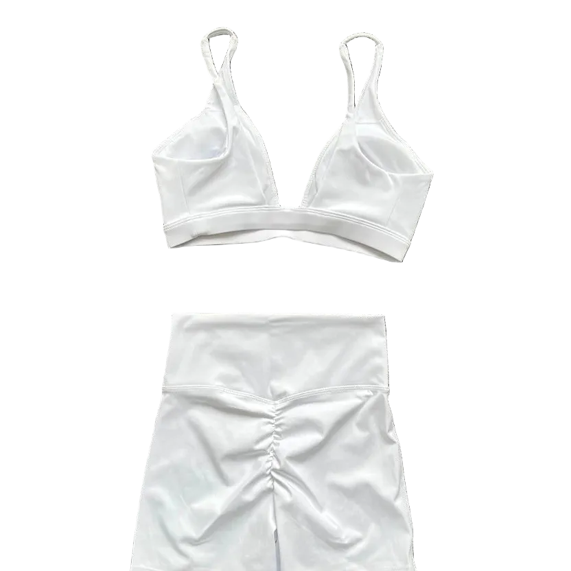 Xooie Fit White Bra and Leggings Set with Adjustable Straps and Ruched Details