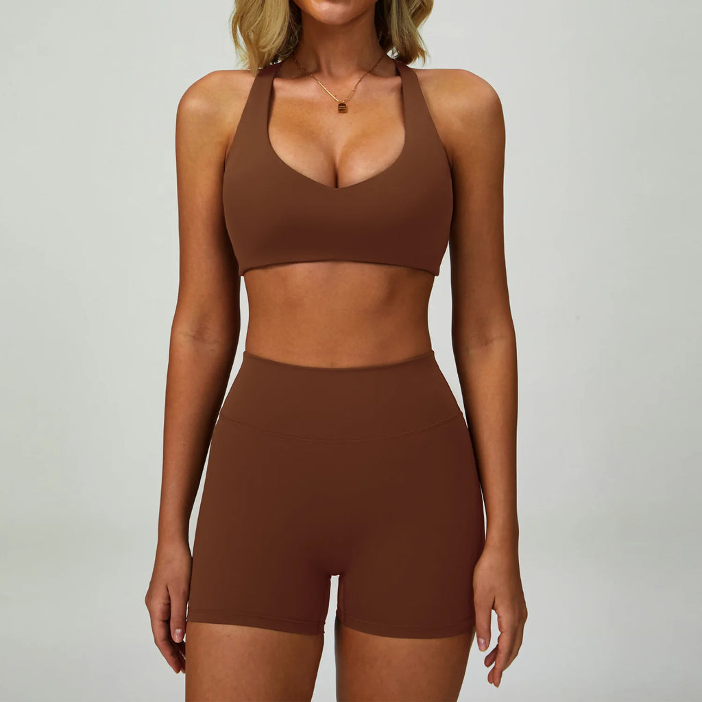 Sports bralette + high-waisted active shorts set, brown