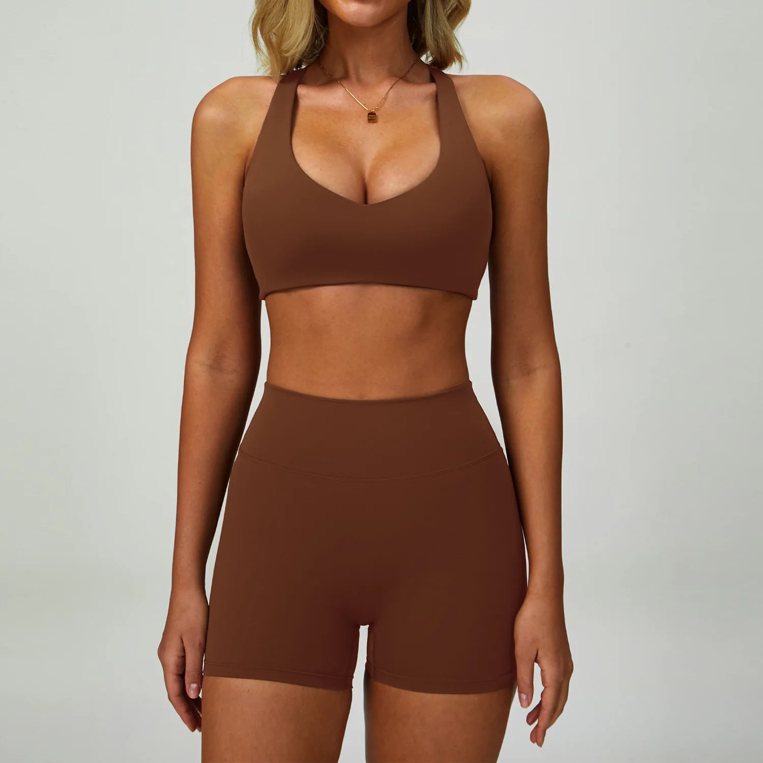 Sports bralette + high-waisted active shorts set, brown