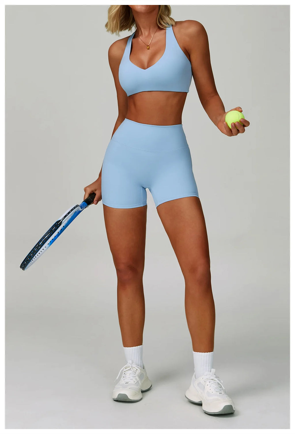 Crystal blue sports bralette and high-waisted shorts active set