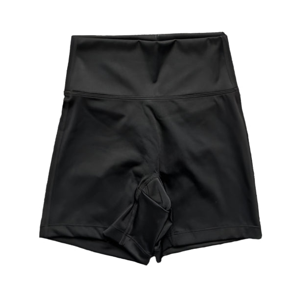 Black high-waisted shorts with thick waistband and front crossover detail