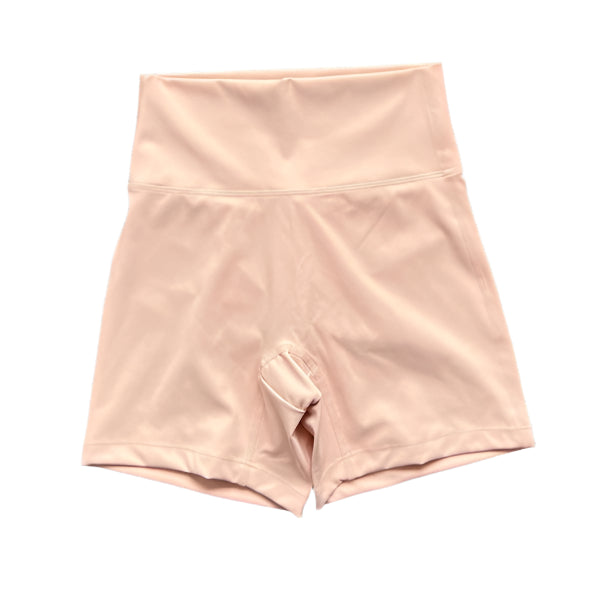 Peach pink high-waisted shorts with front seam and contoured fit
