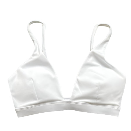 White sports bra with straight neckline and racerback straps