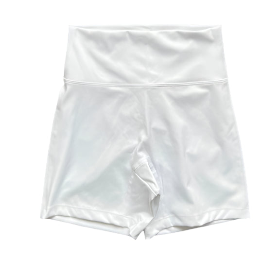 White high-waisted shorts with wide waistband and front seam