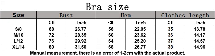 Bra size chart table with S/M/L/XL measurements in inches