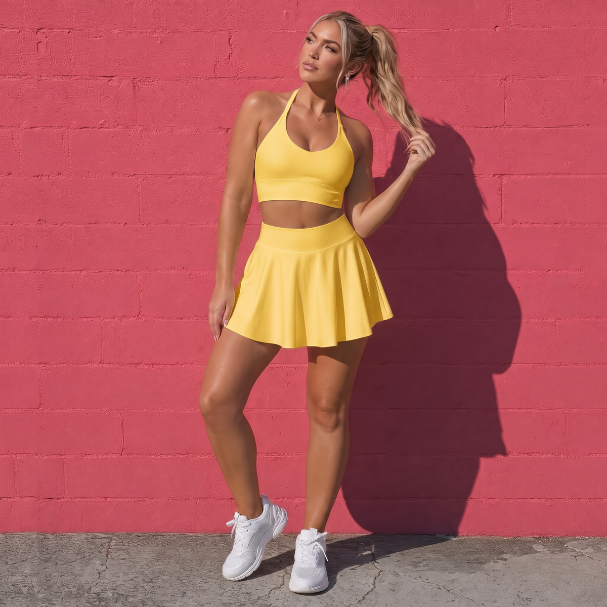 Yellow sport bra and matching pleated tennis skirt active set with flared skirt hem