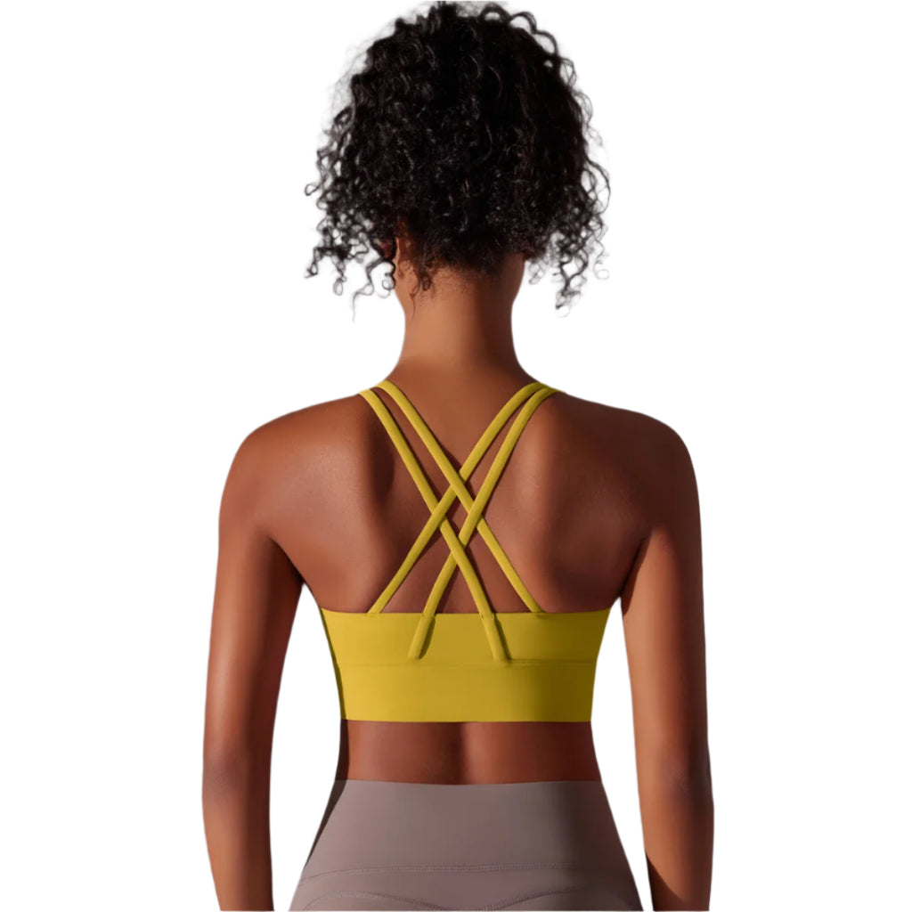 Mustard yellow active sports bra with criss-cross back straps