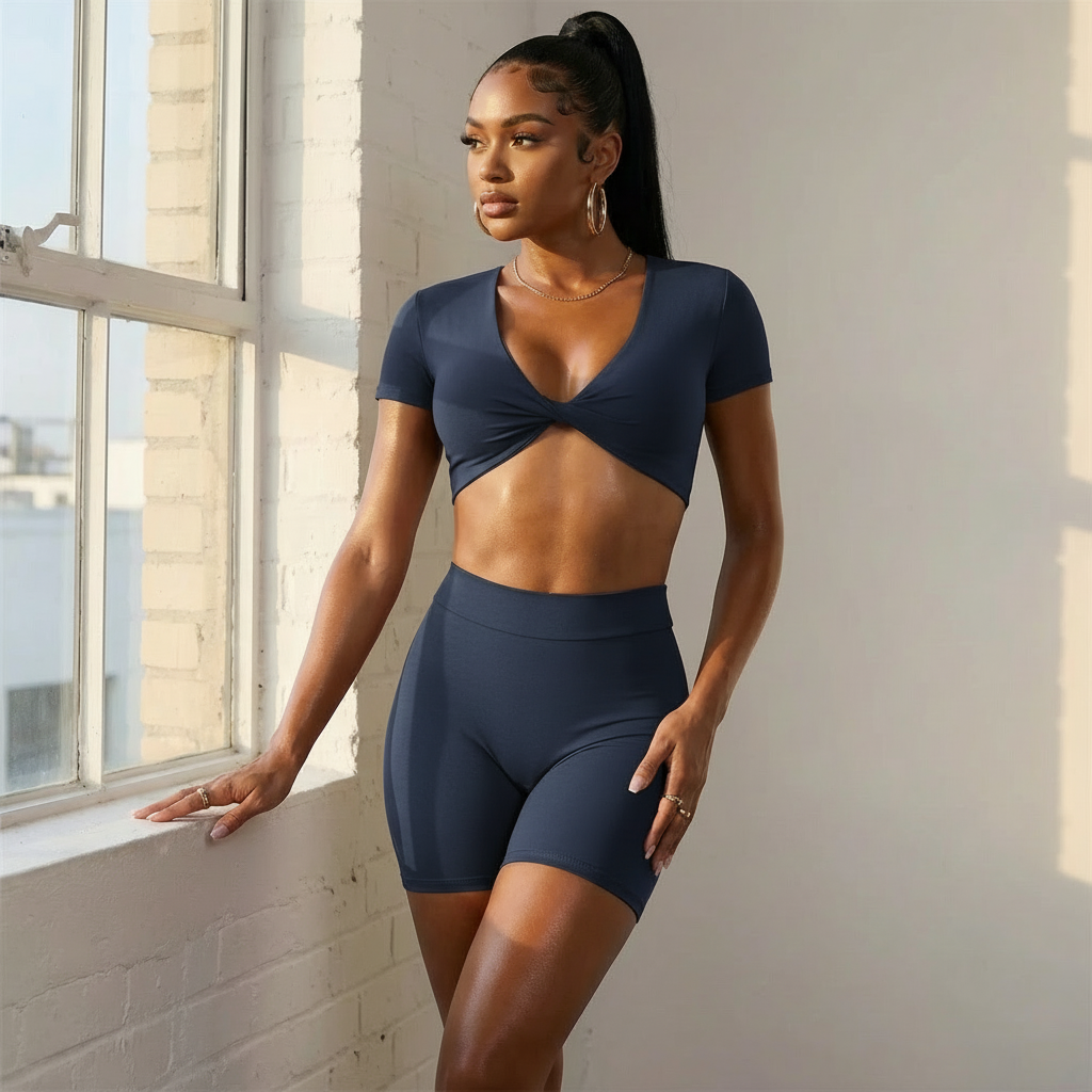 Xooie Fit short sleeve crop top and shorts set in navy, perfect for casual wear or workouts