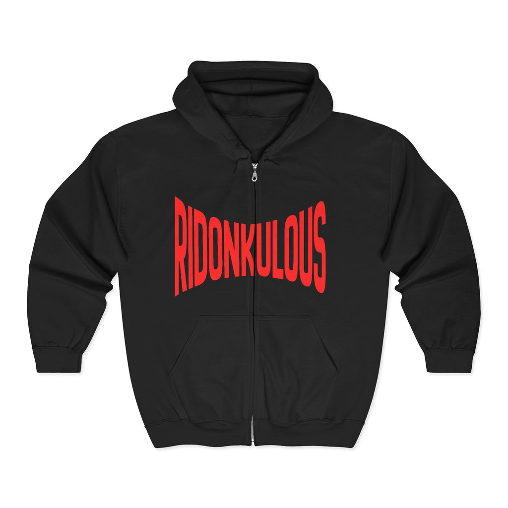 Black full-zip hooded sweatshirt with red “RIDONKULOUS” graphic on front