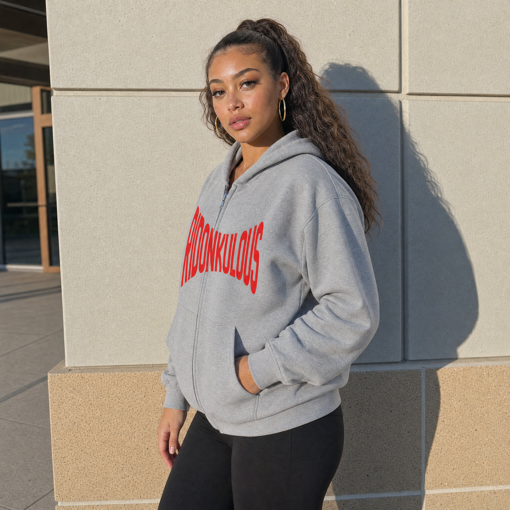 Light gray full-zip hoodie with red Ridonkulous logo, hood and kangaroo pocket