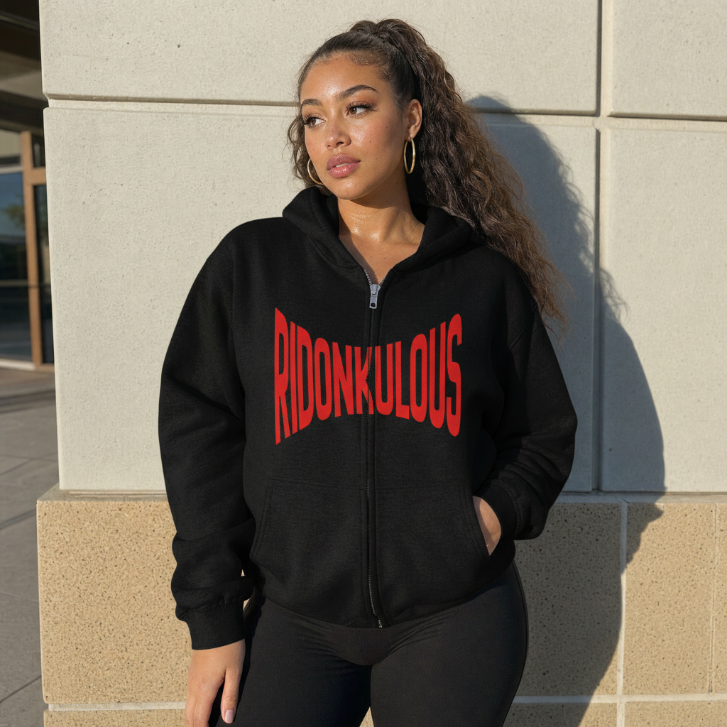 Black full-zip hoodie with red Ridonkulous graphic, hood and kangaroo pocket