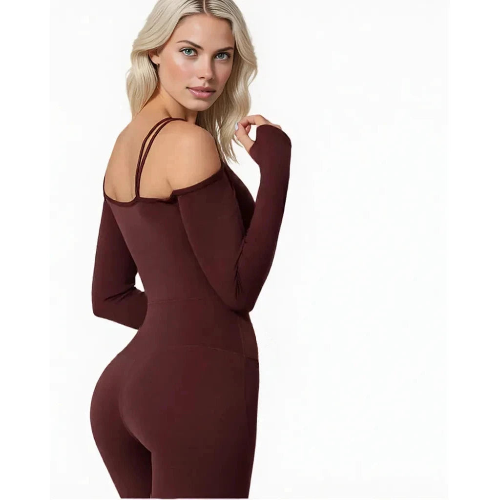 Xooie Fit Women's Flared Bodysuit in Burgundy with Off-Shoulder Design and Long Sleeves