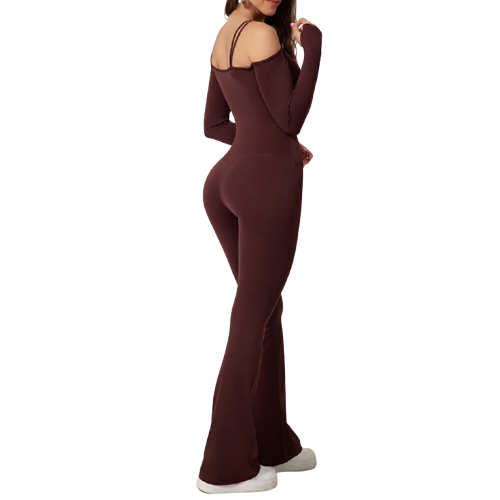Xooie Fit women's flared bodysuit in brown with off-shoulder design and long sleeves