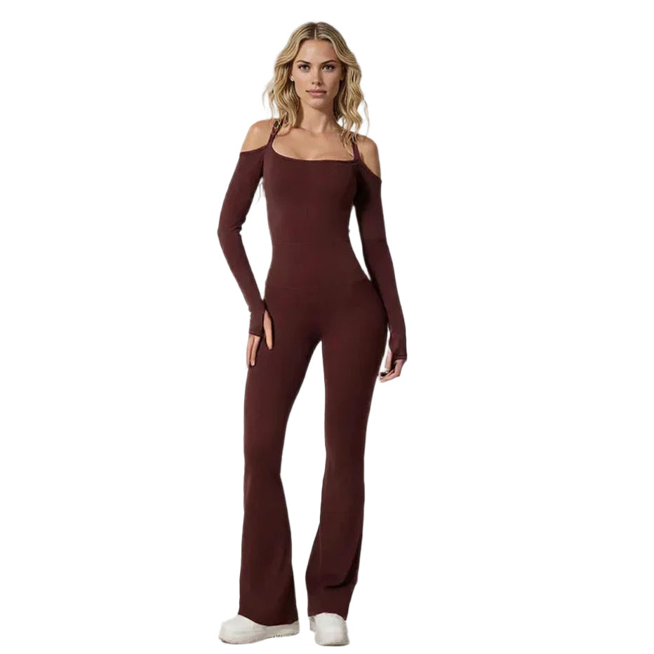 Xooie Fit women's flared bodysuit in brown with off-shoulder design and long sleeves front