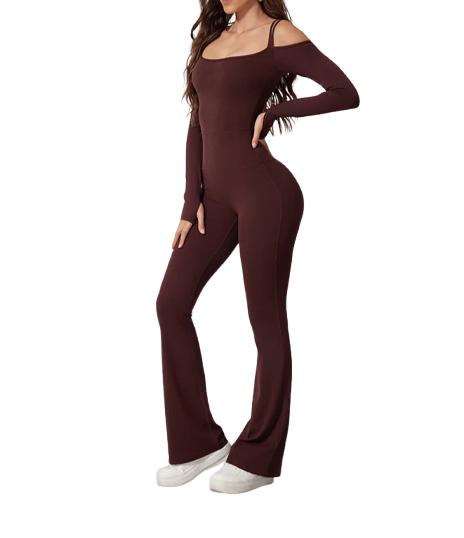 Brown women's flared bodysuit by Xooie Fit featuring off-shoulder design and fitted silhouette