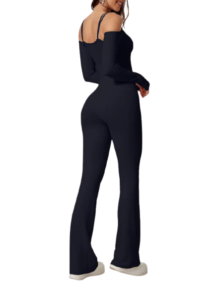 Stylish women's flared bodysuit in navy blue by Xooie Fit, featuring off-shoulder design and flared legs