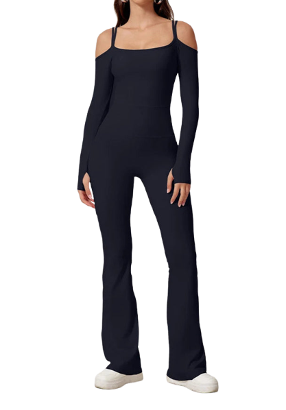 Xooie Fit women's flared bodysuit with cold shoulder design in black for a stylish look