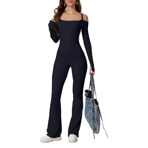 Xooie Fit women's flared bodysuit in navy with long sleeves and stylish design