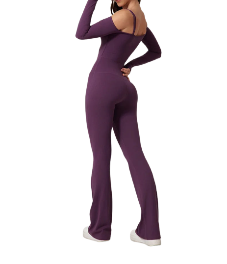 Xooie Fit women's flared bodysuit in purple with an off-shoulder design and flattering fit