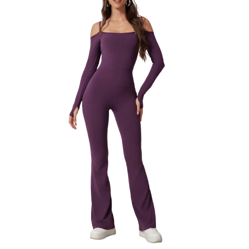 Xooie Fit women's flared bodysuit in purple featuring long sleeves and a flattering fit