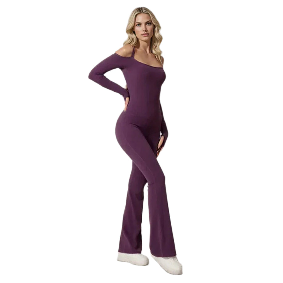 Xooie Fit women's flared bodysuit in purple with off-shoulder design and flared legs