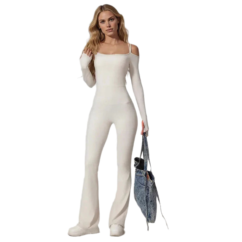 Xooie Fit women's flared bodysuit in white featuring a sleek, high-quality design perfect for any occasion