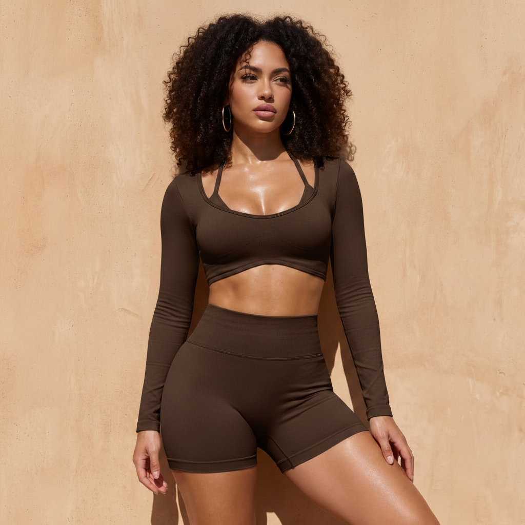 Bark brown set: long-sleeve crop bra top and fitted biker shorts