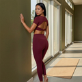 Maroon set: back-twist crop top with cutout and high-rise leggings