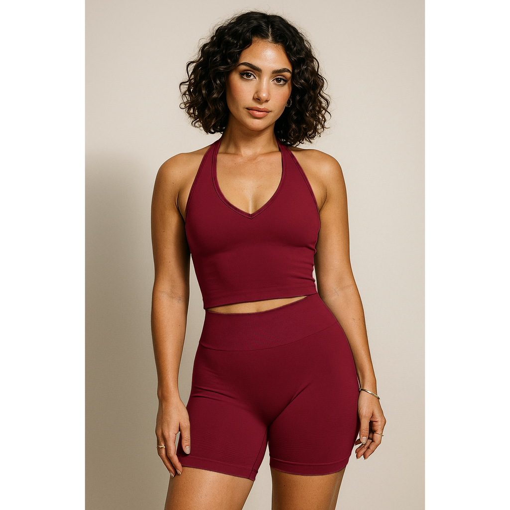 Xooie Fit women's activewear matching set burgundy halter crop top and high waist biker shorts