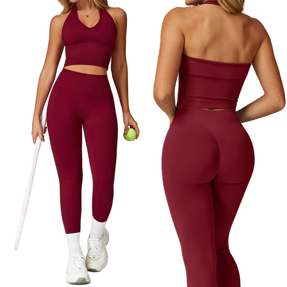 Xooie Fit women's activewear matching set burgundy two piece high waist leggings and racerback crop top