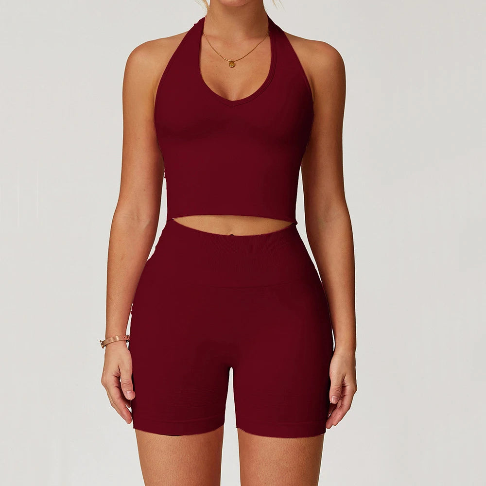 Xooie Fit burgundy halter crop top with cutout and high waist biker shorts women's activewear matching set for workouts and yoga