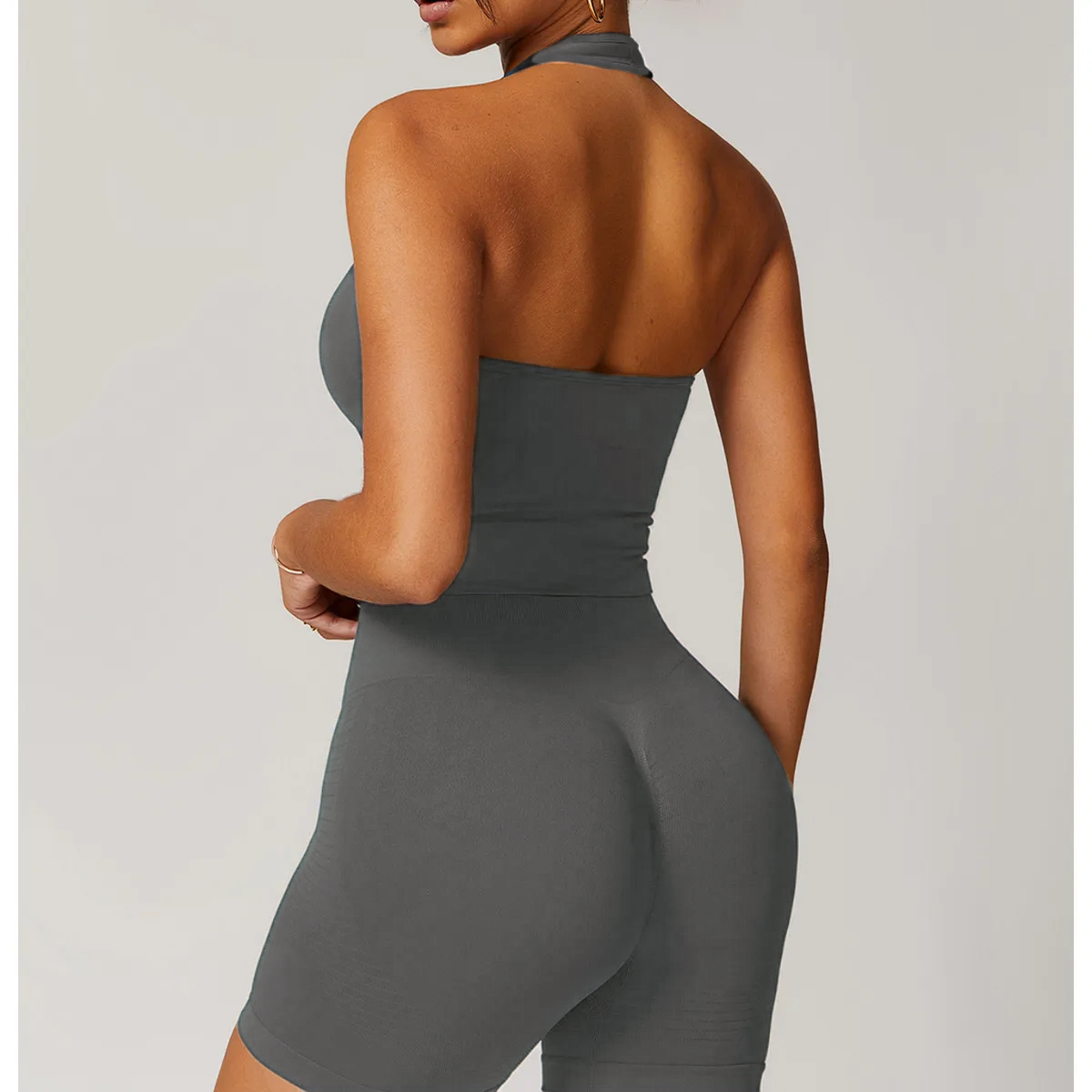 Xooie Fit women's activewear matching set gray high waisted bike shorts and halter crop top back view