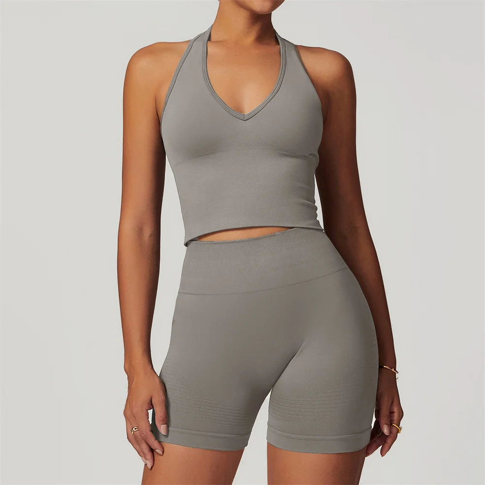 Xooie Fit taupe seamless two-piece with V-neck crop top and high-waist biker shorts women's activewear matching set