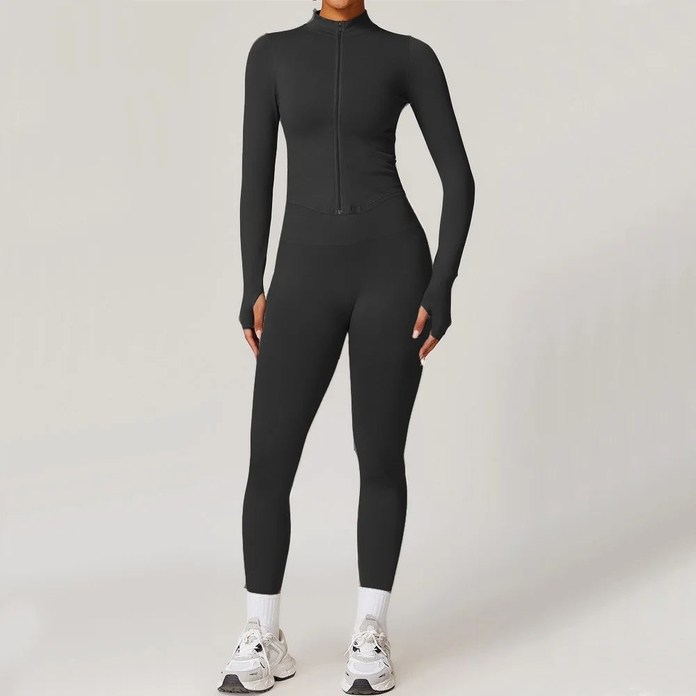 Xooie Fit women's workout jacket and leggings set black high waist seamless leggings with zip up jacket