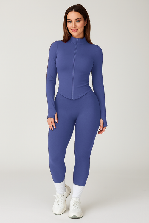 Xooie Fit women's workout jacket and leggings set in periwinkle blue slim zip jacket high waist leggings