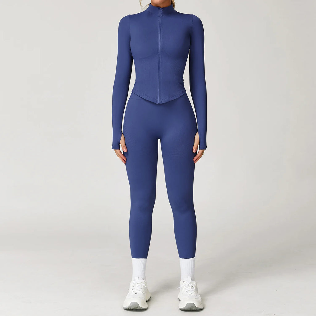 Xooie Fit women's workout jacket and leggings set navy long sleeve zip jacket high waist leggings for training