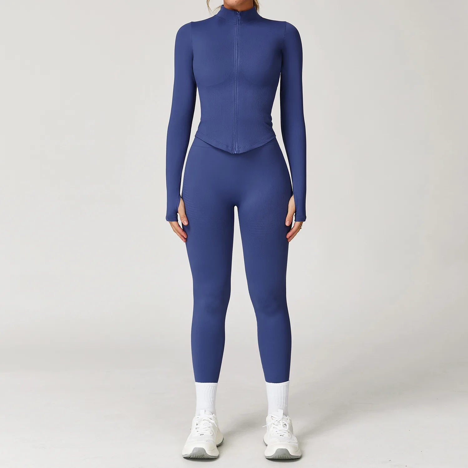 Xooie Fit women's workout jacket and leggings set navy long sleeve zip jacket high waist leggings for training