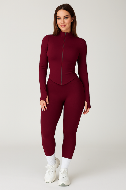 Xooie Fit burgundy two piece women's workout jacket and leggings set with zip jacket and high waisted leggings
