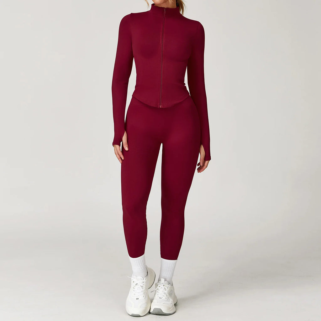 Xooie Fit burgundy long sleeve zip women's workout jacket and leggings set high waist leggings