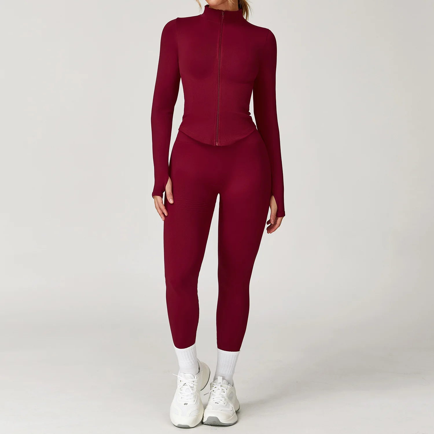Xooie Fit burgundy long sleeve zip women's workout jacket and leggings set high waist leggings
