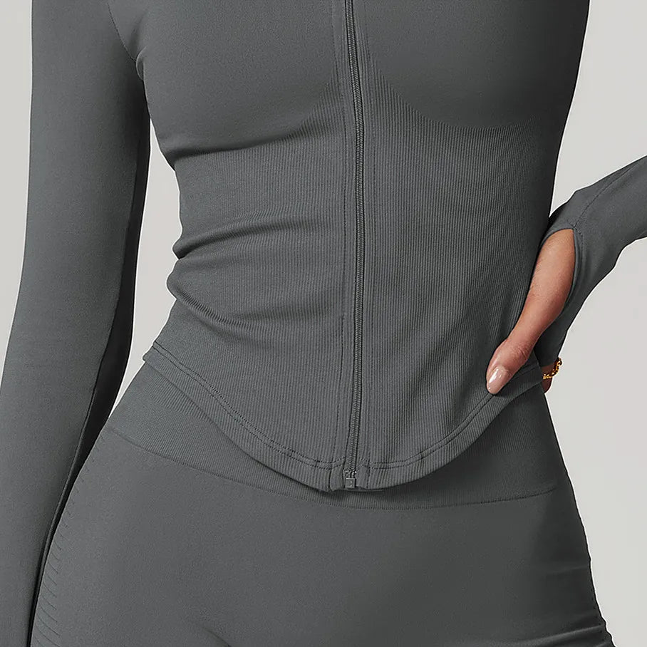 Xooie Fit women's workout jacket and leggings set in charcoal gray ribbed fabric with high waist leggings and zip front jacket