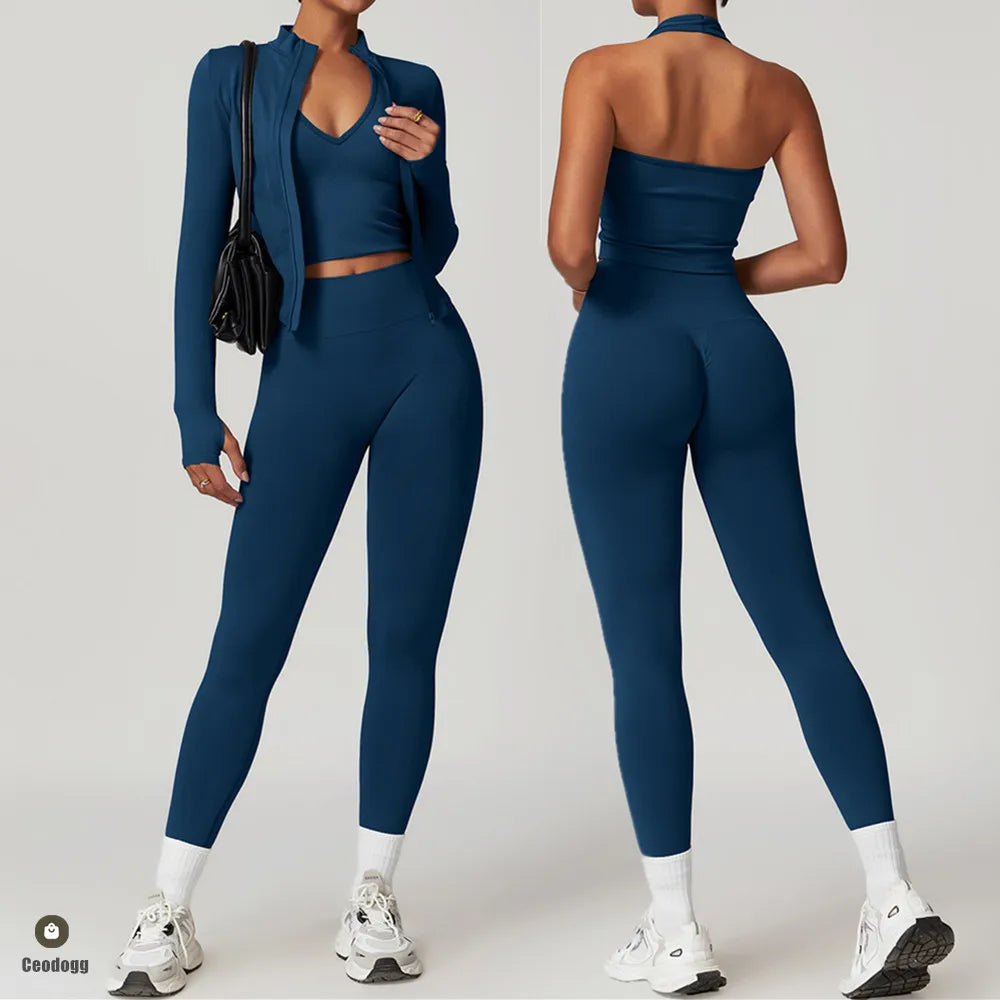 Xooie Fit women's workout jacket and leggings set in deep navy showing front and back slim high waist leggings