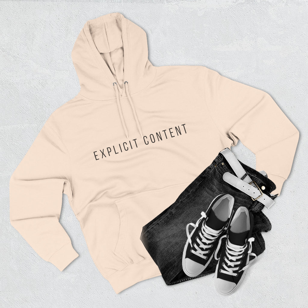 Pink fleece pullover hoodie, front “EXPLICIT CONTENT” text and pouch pocket