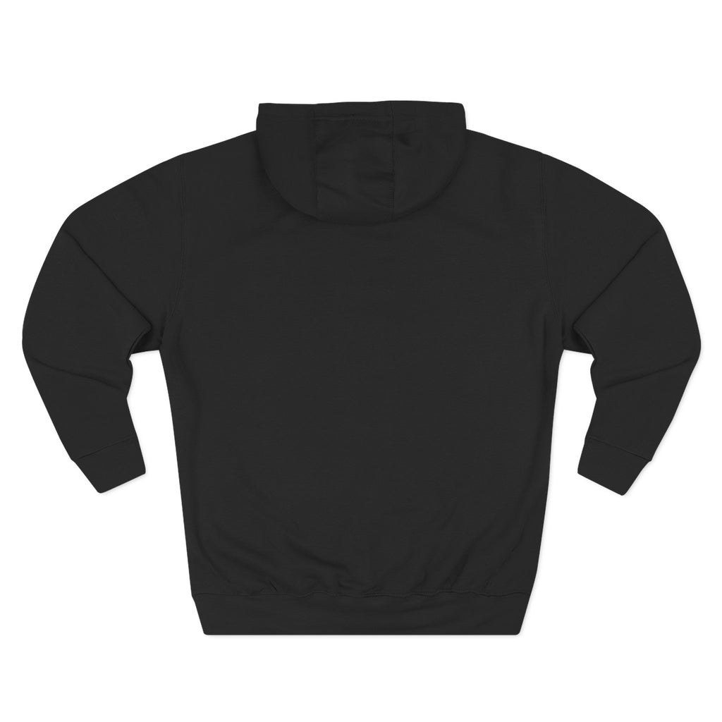 Black pullover hoodie back view with hood and kangaroo pocket; no front graphic visible