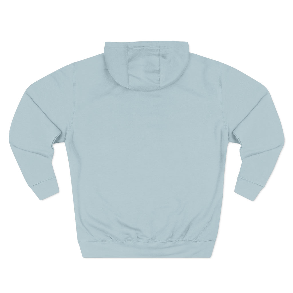 Light Blue fleece pullover hoodie with hood and kangaroo pocket, no visible chest text