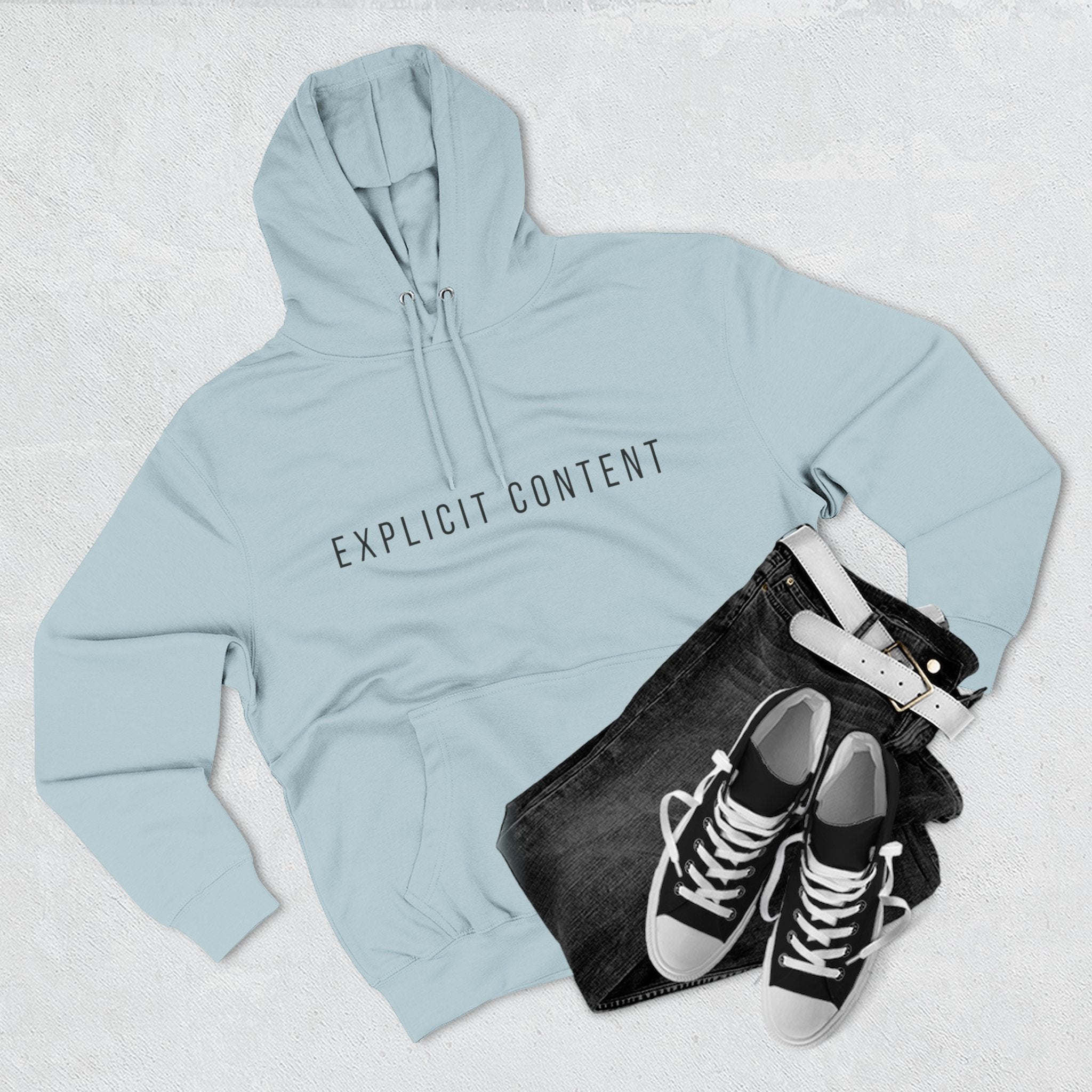 Light Blue fleece pullover hoodie with “EXPLICIT CONTENT” front print and pouch pocket