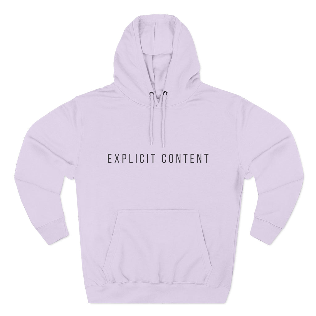 Light purple pullover hoodie with hood, drawstring, and “EXPLICIT CONTENT” chest lettering