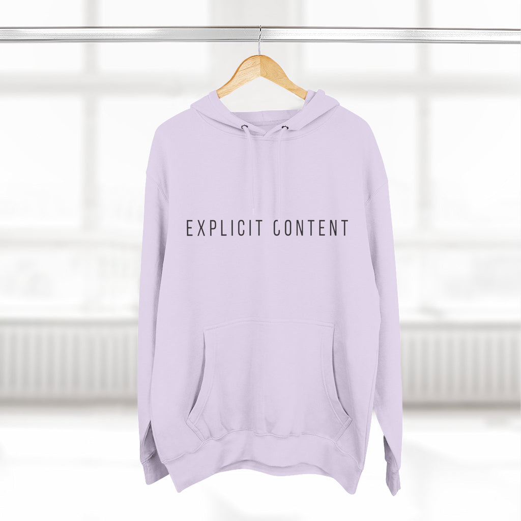 Light purple pullover hoodie with kangaroo pocket and 'EXPLICIT CONTENT' print