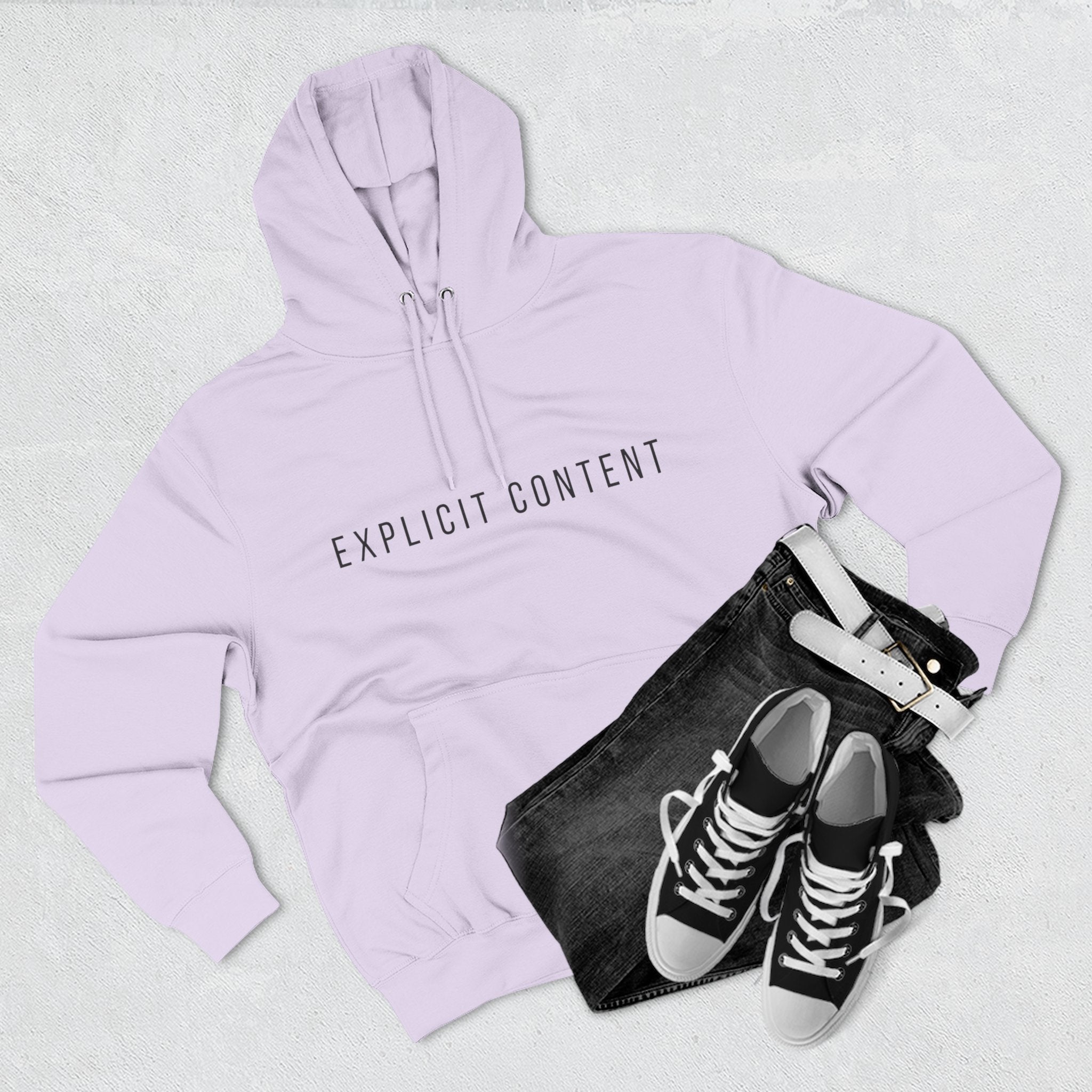 Light purple pullover hoodie with hood and 'EXPLICIT CONTENT' chest print